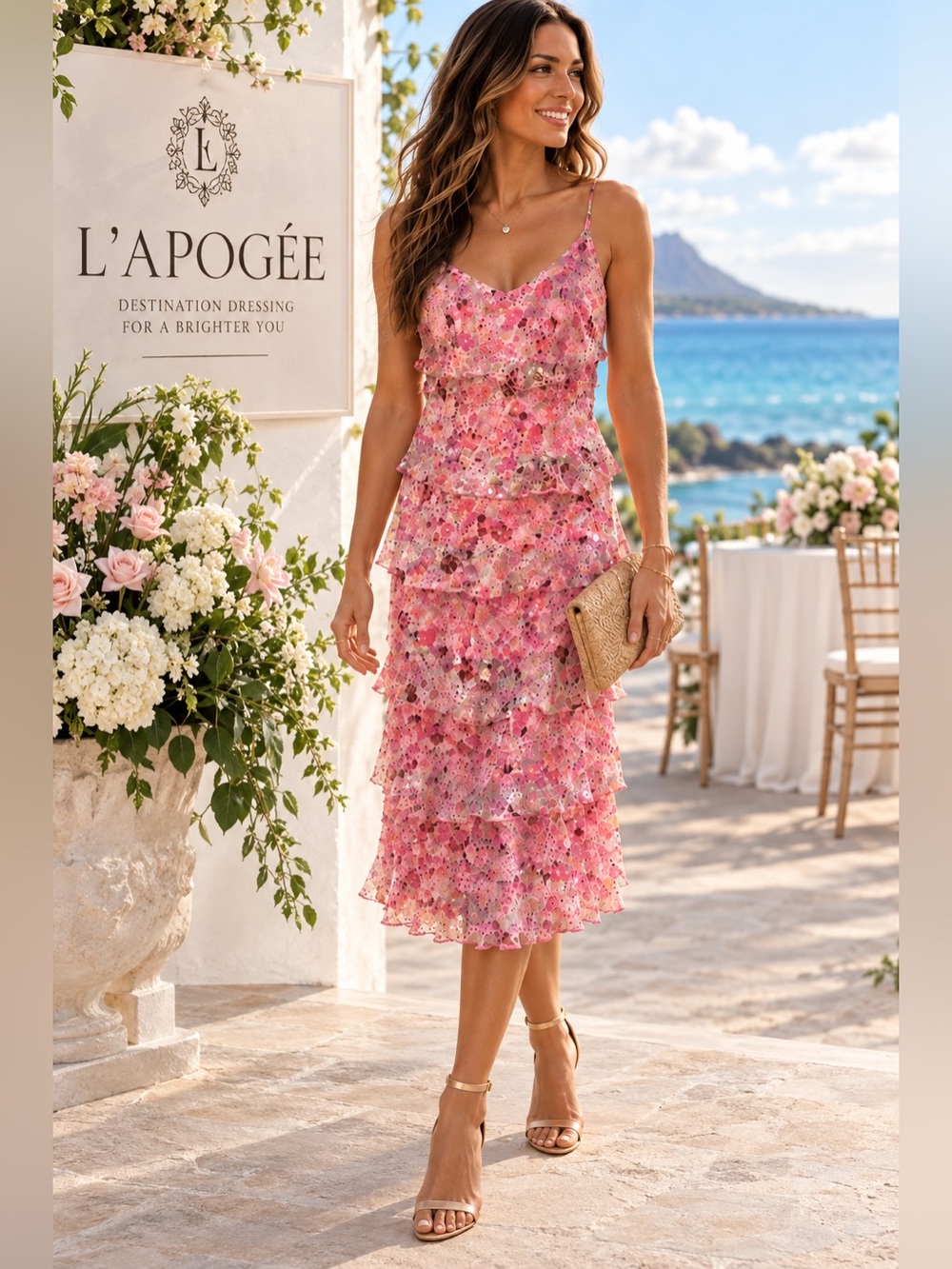L’Pogee Worldover Floral Sequin Tiered Y2K Fairy Slip Dress Beaded OverlaySize M